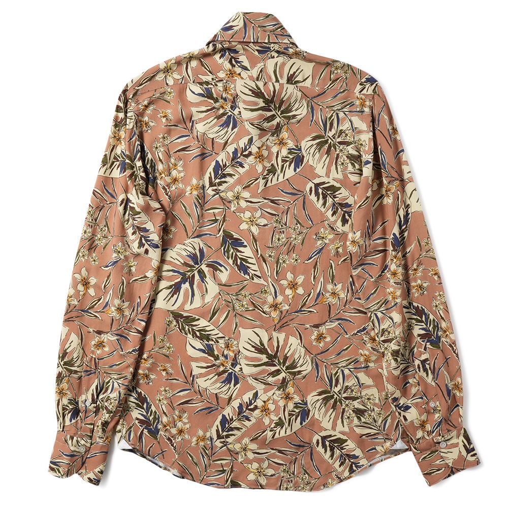 FINAMORE フィナモレ SERGIO BARI/260058 M0274 レーヨン ボタニカルプリント カッタウェイカラーシャツ BROWN BEIGE