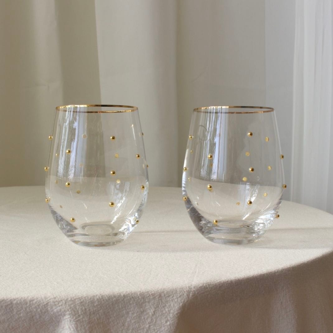 Gold Dots Stemless Glass Set