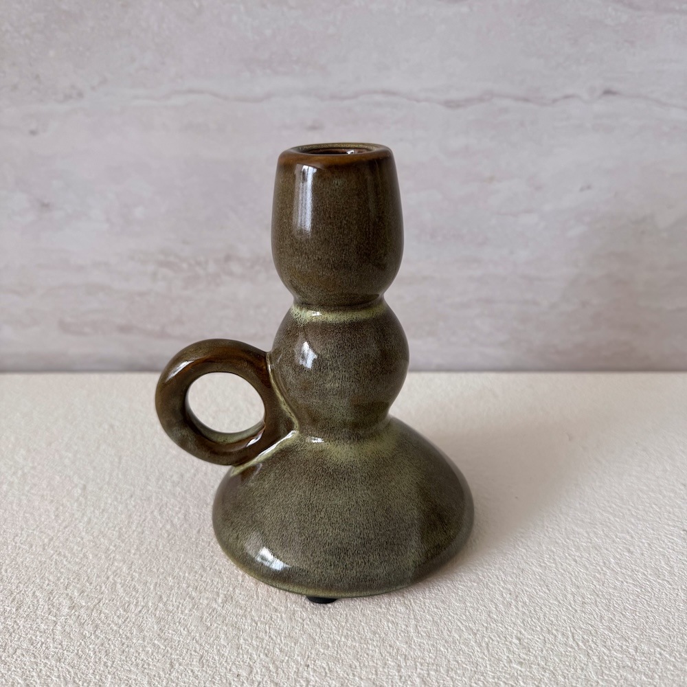 フランス直輸入キャンドルホルダー（取っ手付き） ｜ 陶器 グリーン