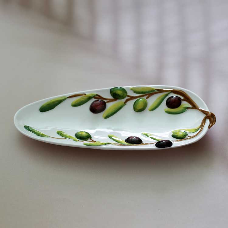 イタリア産オリーブ柄の前菜プレート ｜陶器製 おつまみ 前菜 舟形