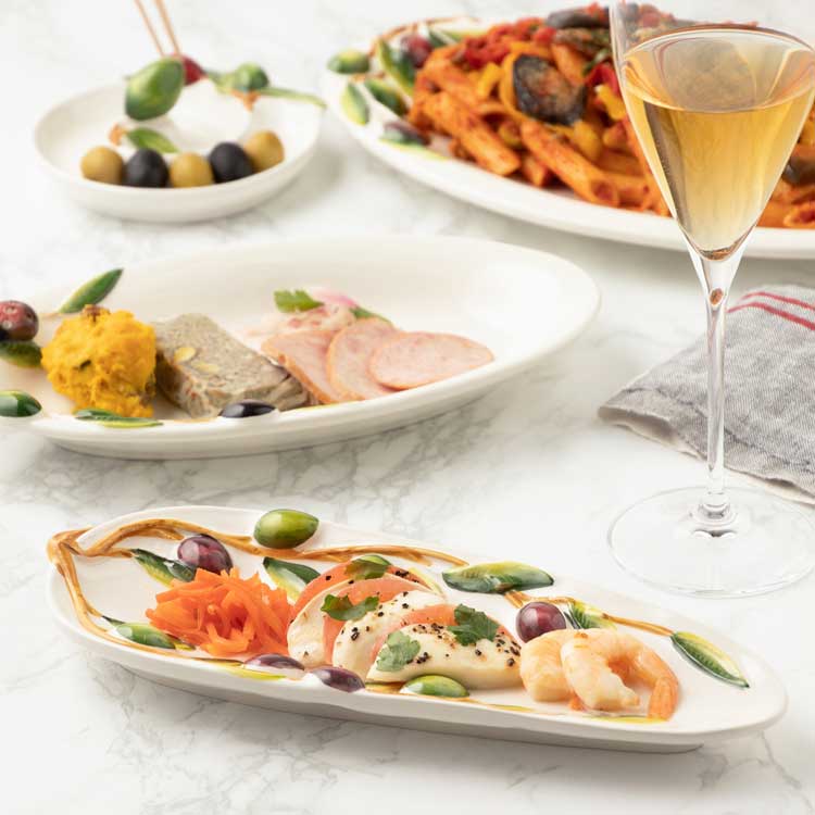 イタリア産オリーブ柄の前菜プレート ｜陶器製 おつまみ 前菜 舟形