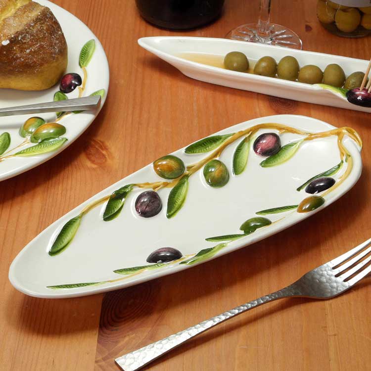 イタリア産オリーブ柄の前菜プレート ｜陶器製 おつまみ 前菜 舟形