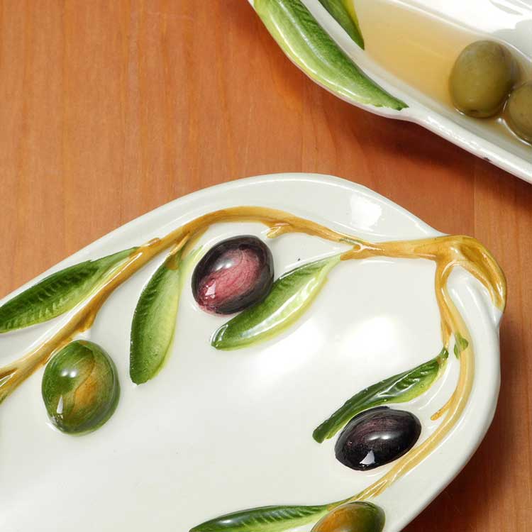 イタリア産オリーブ柄の前菜プレート ｜陶器製 おつまみ 前菜 舟形
