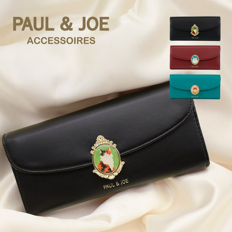 PAUL & JOE ACCESSOIRES ポール&ジョー 財布 ラウンドファスナー長財布 合成皮革 ポリエステル キャットブローチ pja-w1171