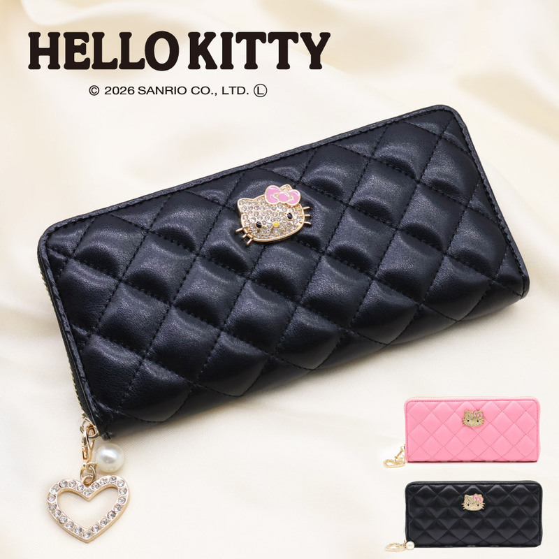 Hello Kitty ハローキティ 長財布 財布 ラウンドファスナー長財布 大容量 サンリオ ハローキティ キャラクター レディース ハート＆パールチャーム付き KT-W5271