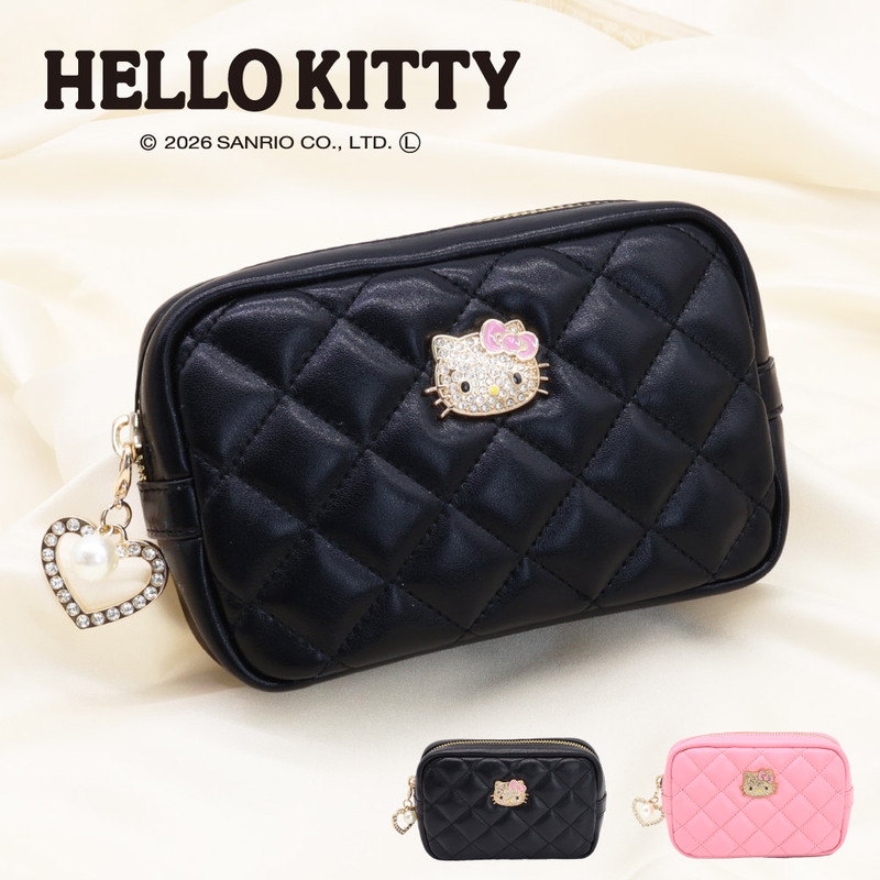 Hello Kitty ハローキティ ポーチ キルティング 化粧ポーチ 小物入れ ハート&パールチーム付き 可愛い ブラック ピンク KT-P5274