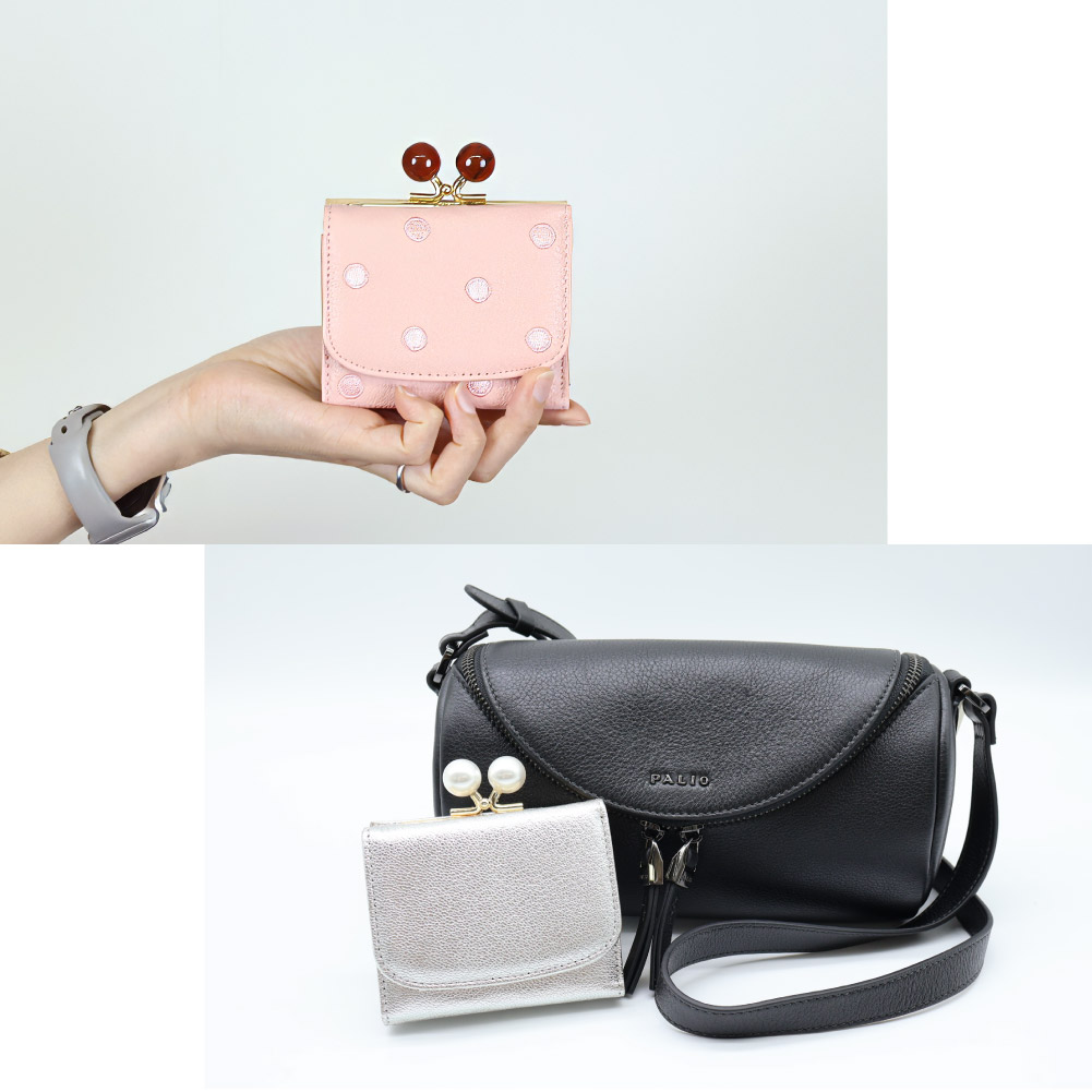 perche ペルケ がま口 財布 レディース 三つ折り ミニ財布 がま口 レザー ドット 水玉 アクリル玉 ブランド perche財布 本革 コンパクト かわいい財布 使いやすい財布 黒 ブラウン 緑 グレー ゴールド