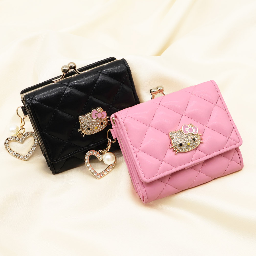 Hello Kitty ハローキティ がま口財布 ミニ財布 大容量 サンリオ キティちゃん キャラクター レディース ハート＆パールチャーム付き ブラック ピンク KT-W5272