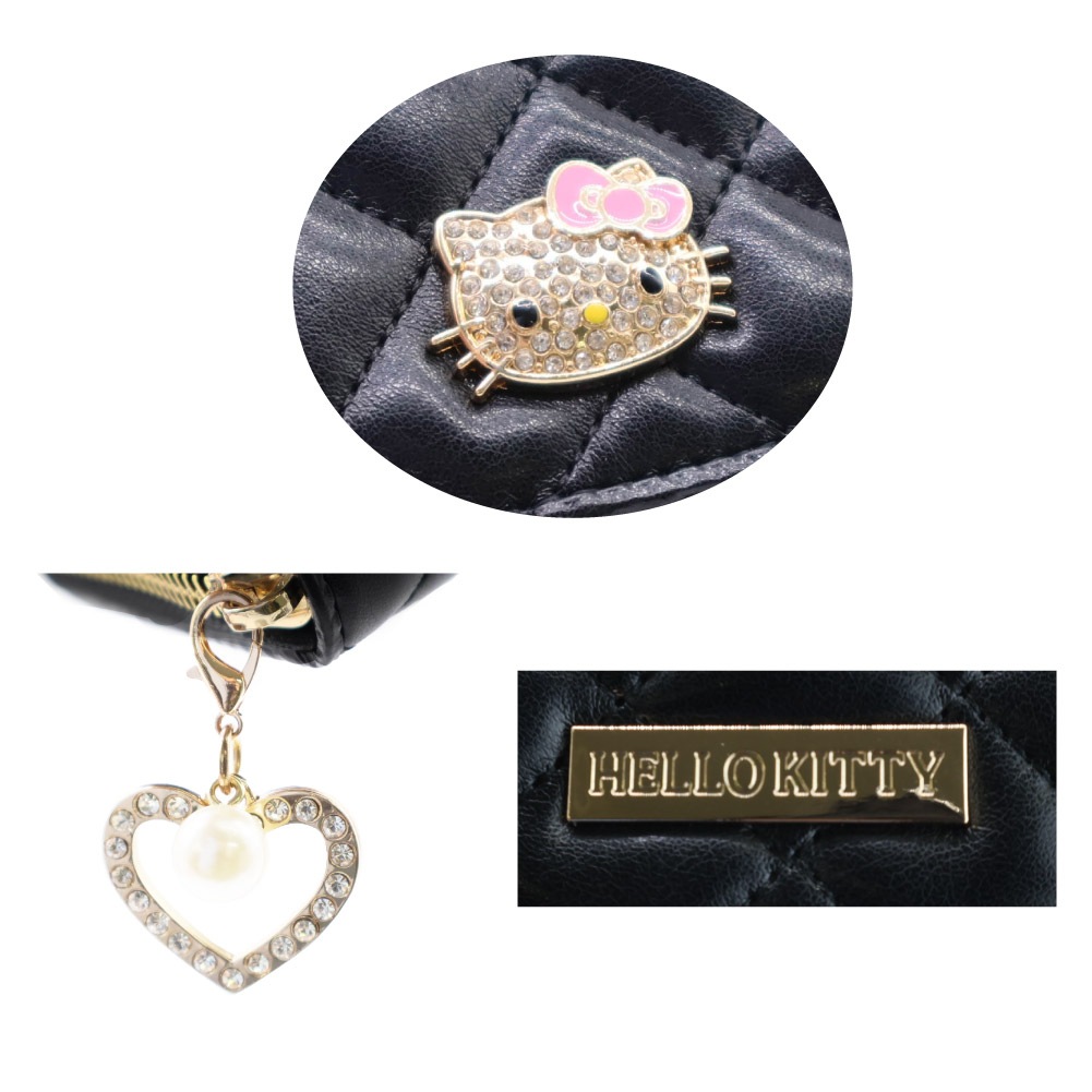 Hello Kitty ハローキティ がま口財布 ミニ財布 大容量 サンリオ キティちゃん キャラクター レディース ハート＆パールチャーム付き ブラック ピンク KT-W5272