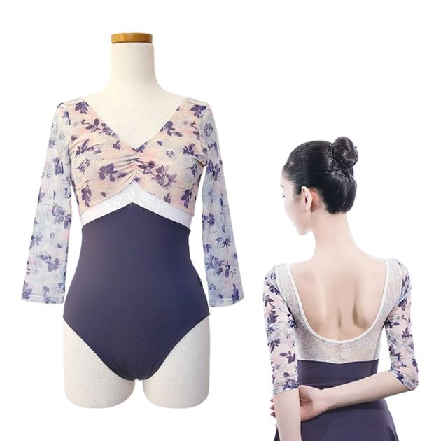 花柄メッシュ Vネック バイカラー バレエレオタード 7分袖 ジュニア・大人