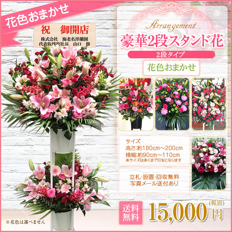 スタンド花 2段 開店祝い 花 ギフト スタンド花 2段 花色おまかせ 15,000円 高さ180cm位 平日12時まで翌日配送 東京都、神奈川県、大阪府、札幌市、名古屋市、福岡市【スタンド花 開店祝い 移転 開院 お祝い 式典 公演 結婚式 会場装花 ライブ】【stde】