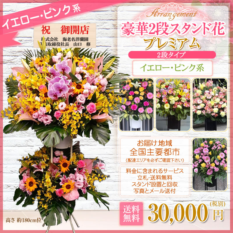 スタンド花 2段 開店祝い 花 ギフト スタンド花 2段 花色 選べる5色 30000円 高さ180cm位 平日12時まで翌日配送 東京都、神奈川県(一部)大阪府、札幌市、名古屋市、福岡市【オープン 開店 移転 開院 お祝い 式典 公演 会場装花 ライブ フラスタ フラワースタンド】【stde】