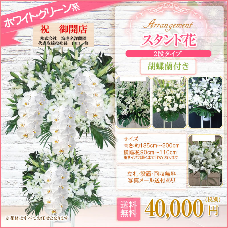 スタンド花 開店祝い 花 胡蝶蘭付きスタンド花(2段) 花色は選べる5色 40,000円(税別) 高さ180cm位 平日12時まで翌日配送 東京都、神奈川県(一部除く)、大阪府、名古屋市、福岡市【スタンド花 開店 移転 開院 お祝い 式典 公演 オープン 結婚式】【stde】