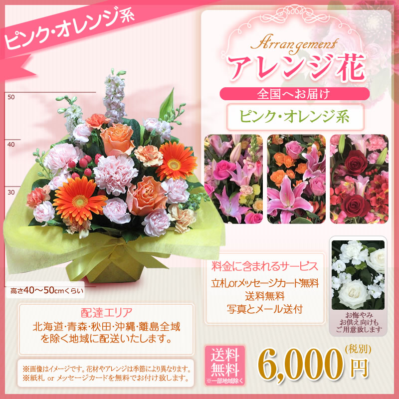 フラワーアレンジメント アレンジ花(S)色指定 6000円(税別) 高さ40cm位【海老名洋蘭園 お祝い 花 ギフト 生花 誕生日 還暦 米寿 開店 移転 開院 お供え 式典 公演 オープン 結婚式 披露宴 会場装花 ライブ お彼岸】【flw-6000】