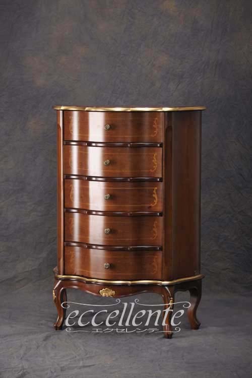 TV-BR6106NO イタリア製 5段チェスト　St.ボルボネーゼ　象嵌／ウォールナット＋ゴールドリーフ  5 drawer chest St. Borbonese with inlay/Walnut color with gold leaf