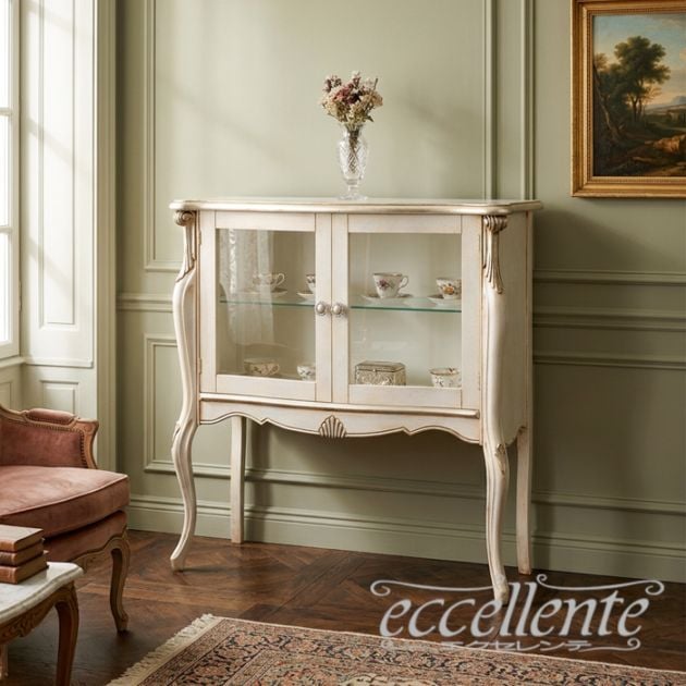 イタリア製 2ドアグラスキャビネット パッシオーニ アンティークホワイト+シルバーリーフ｜2 door glass cabinet Passioni/Antique white with silver leaf｜TV-ST5459AW