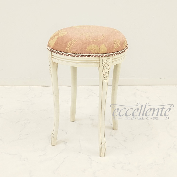 イタリア製 ラウンドスツール アンティークホワイト仕上げ/Rialto ピンク|Round stool Antique white/Rialto Pink|GP-60WAF3P