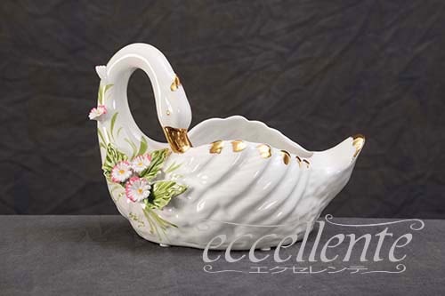 イタリア製 陶花付き ツインスワン 小 Twin swans with flower decoration Small｜ST-1410517