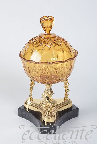 OB-010 イタリア製 キャンディボックス　ラウンド大　アンバー／大理石／ゴールド  Candy Box Round Big Amber/Marble/Gold