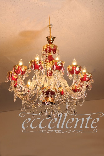 TB411012RG チェコ製 ボヘミアクリスタル シャンデリア 12灯 red+gold<br>Bohemian Crystal Chandelier 12 lights Red+Gold