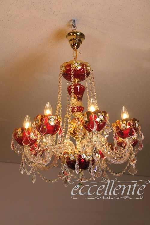 チェコ製 ボヘミアクリスタル シャンデリア 8灯 red+gold｜Bohemian