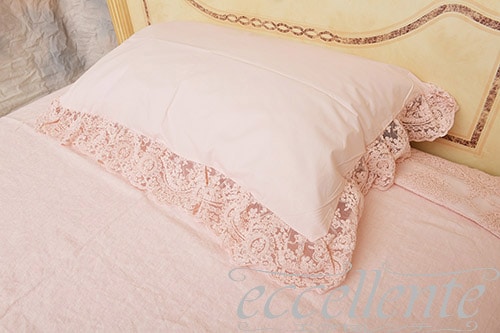 CH-P1864CP イタリア製 ピローケース レースフリル Corinzio Pink<br>Pillow case with lace ruffles / Corinzio Pink