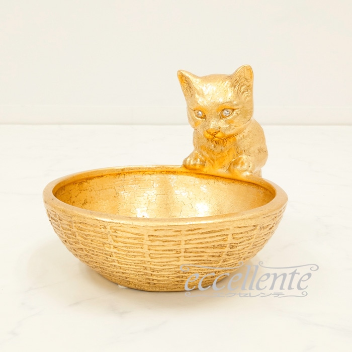 VO-71189BOA イタリア製 陶製置物 猫とボウル Gold | イタリア