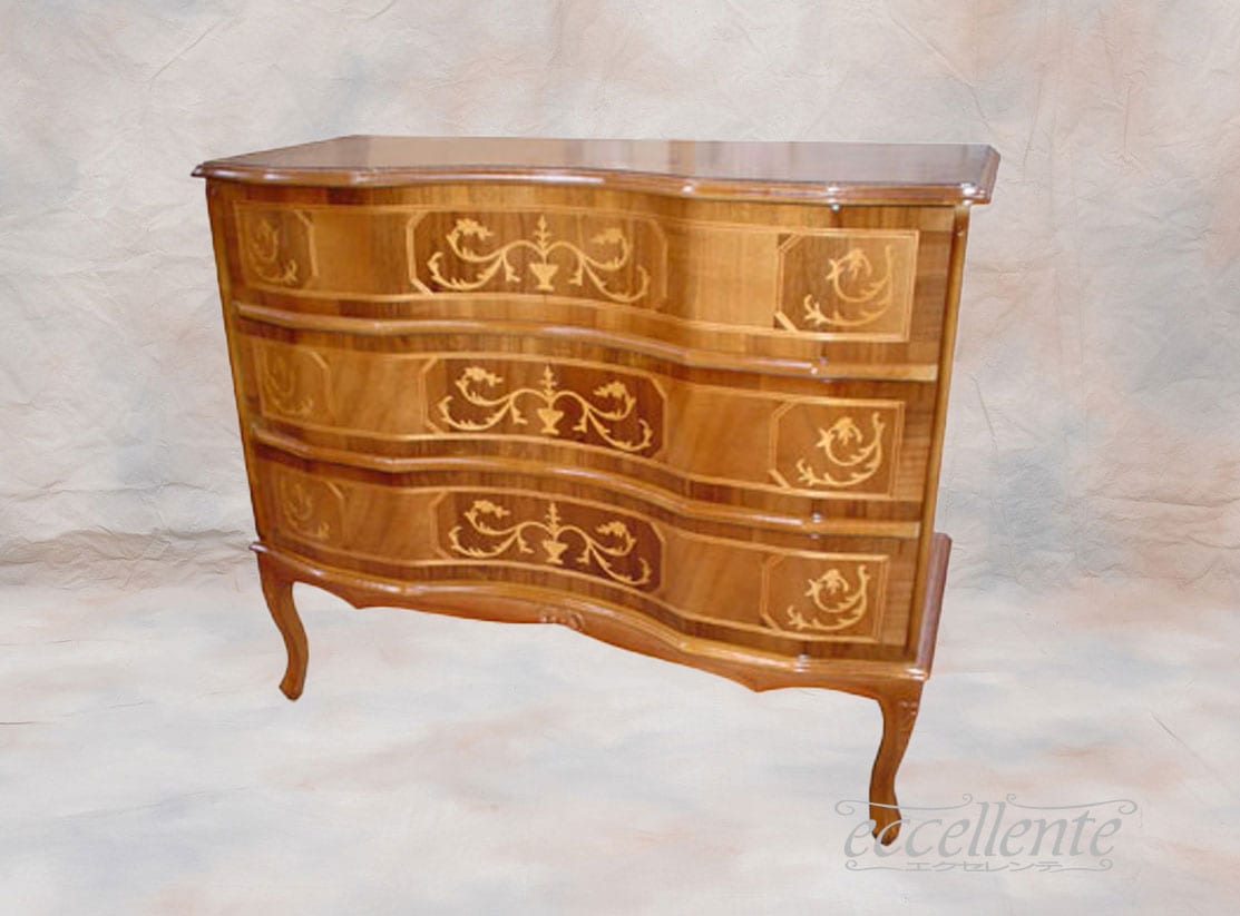 イタリア製3段猫脚チェスト 象嵌｜TS-033/SPA/BR