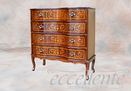 イタリア製4段猫脚チェスト 象嵌｜TS-054/SPA/BR
