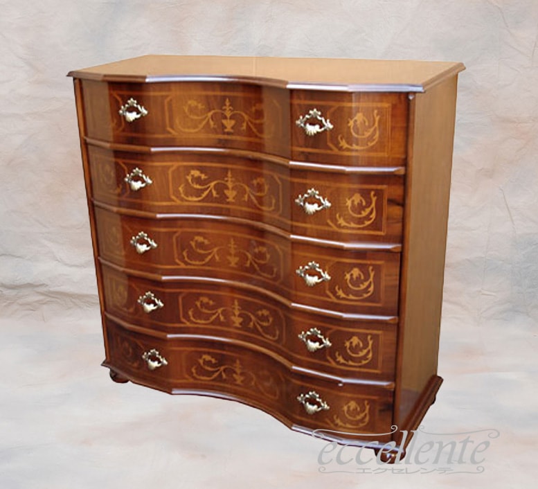 イタリア製5段丸脚チェスト 象嵌｜TS-045/SPA-BR
