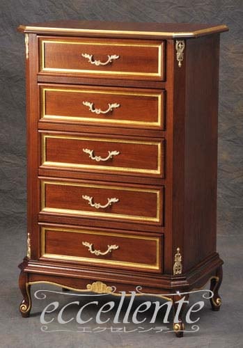 イタリア製 5段チェスト ウォールナット+ゴールド|5 drawers Chest/Walnut Finish with gold|IE-5104NO