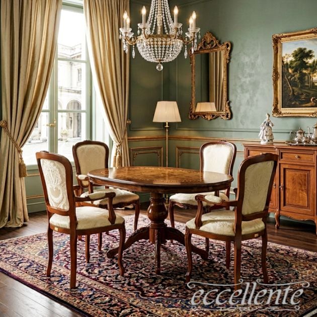 イタリア製ダイニング5点セット 135 象嵌 茶 FB｜Dining Set 135 Inlay Walnut Finish｜MS910TIN-GP16-17F5967B