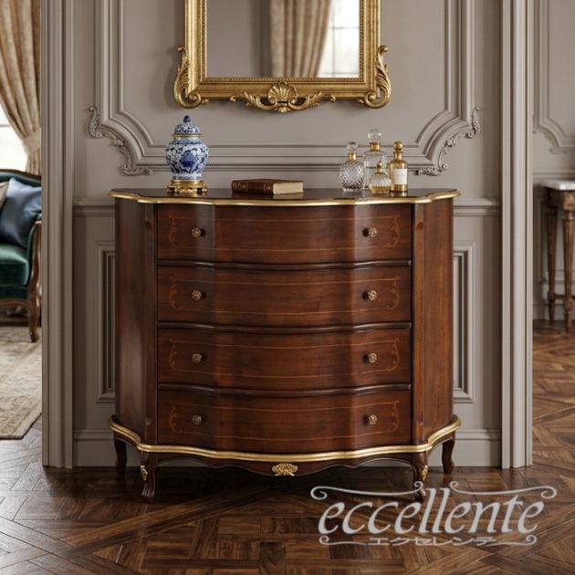 イタリア製 4段チェスト St.ボルボネーゼ 象嵌／ウォールナット＋ゴールドデコレーション｜4 drawers chest St. Borbonese with inlay/Walnut Finish with gold decoration｜TV-BR6104NG2415