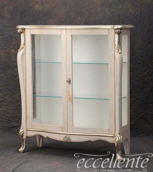 イタリア製 2ドアキューリオ パッシオーニ Low／アンティークホワイト+シルバーリーフ  2 door curio Passioni Low/Antique white with silver leaf｜TV-ST5455LQ