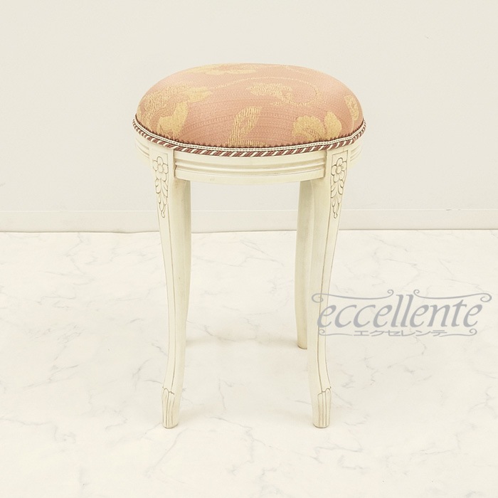 イタリア製 ラウンドスツール アンティークホワイト仕上げ／Rialto ピンク｜Round stool Antique white/Rialto Pink｜GP-60WAF3P