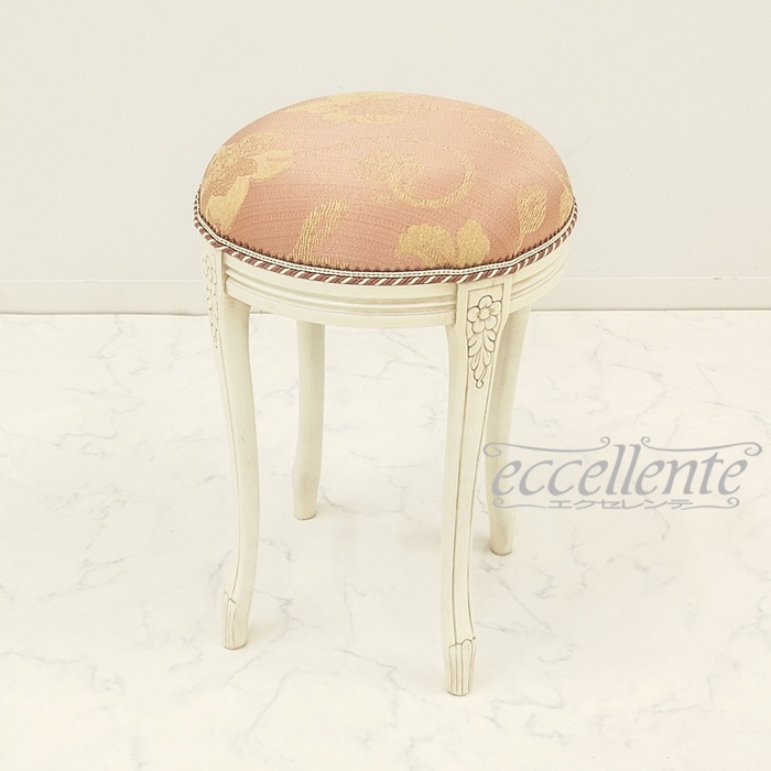 イタリア製 ラウンドスツール アンティークホワイト仕上げ／Rialto ピンク｜Round stool Antique white/Rialto Pink｜GP-60WAF3P