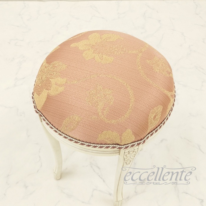 イタリア製 ラウンドスツール アンティークホワイト仕上げ／Rialto ピンク｜Round stool Antique white/Rialto Pink｜GP-60WAF3P