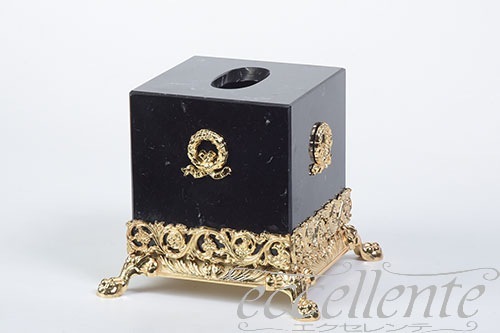 イタリア製 ティッシュボックス ブラック大理石／ゴールド Tissue box Black marble/Gold｜OB-304