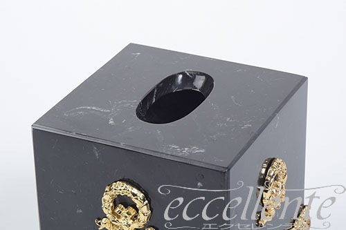 イタリア製 ティッシュボックス ブラック大理石／ゴールド Tissue box Black marble/Gold｜OB-304