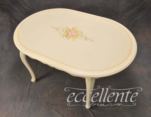 LA-0700W イタリア製 ダイニングテーブル楕円　アイボリークラッカリー+フラワー   Oval dining table / Ivory with crackery finish and flower hand painting