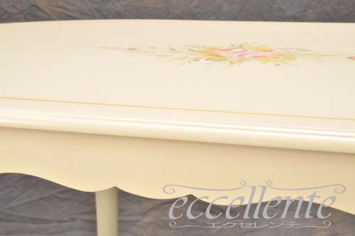 LA-0700W イタリア製 ダイニングテーブル楕円　アイボリークラッカリー+フラワー   Oval dining table / Ivory with crackery finish and flower hand painting