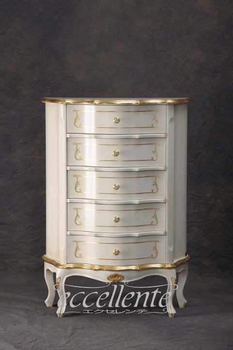 TV-BR6106WA イタリア製 5段チェスト　St.ボルボネーゼ　アンティークホワイト＋ゴールドリーフ  5 drawer chest St. Borbonese/Antique white with gold leaf