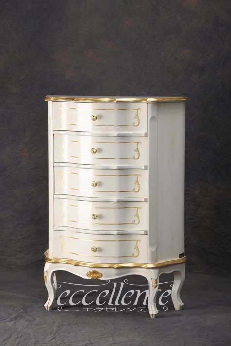 TV-BR6106WA イタリア製 5段チェスト　St.ボルボネーゼ　アンティークホワイト＋ゴールドリーフ  5 drawer chest St. Borbonese/Antique white with gold leaf