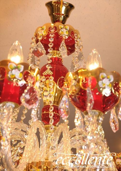 TB411012RG チェコ製 ボヘミアクリスタル シャンデリア 12灯 red+gold<br>Bohemian Crystal Chandelier 12 lights Red+Gold