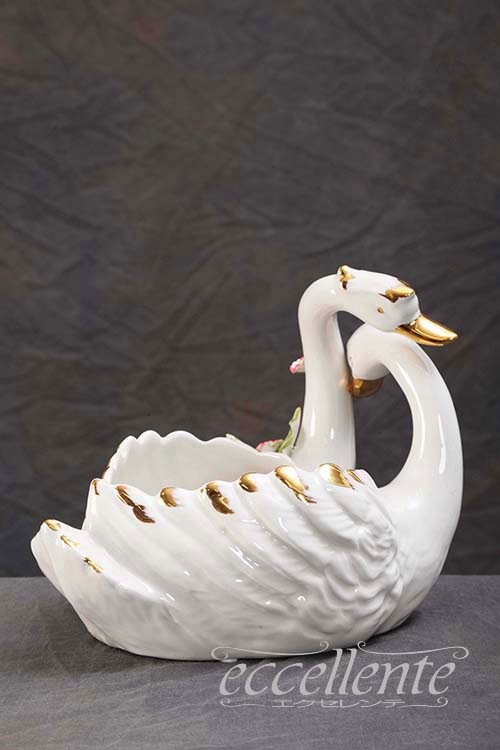イタリア製 陶花付き ツインスワン 中 Twin swans with flower