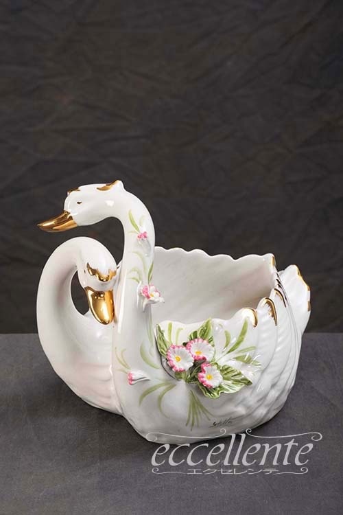 イタリア製 陶花付き ツインスワン 中 Twin swans with flower