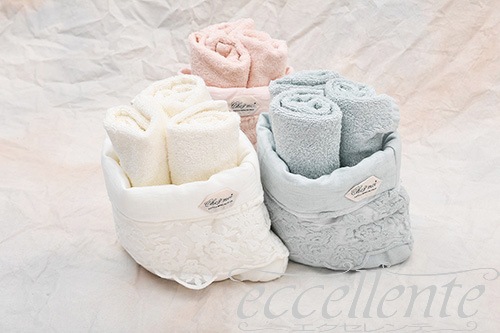 CH-T3075VI イタリア製ソフトバスケット３ハンドタオル付　Versailles/アイボリー<br>Soft basket with 3 hand towels / Versailles Ivory
