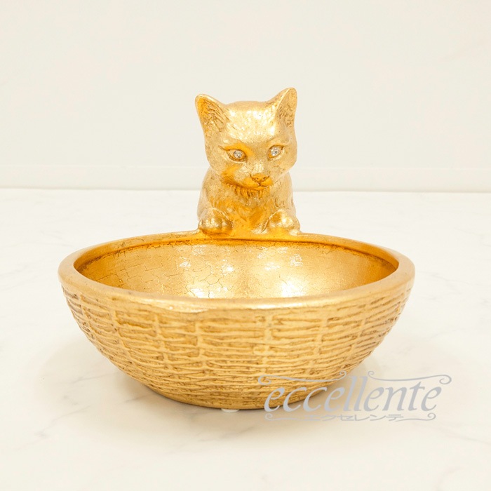 VO-71189BOA イタリア製 陶製置物 猫とボウル Gold | イタリア