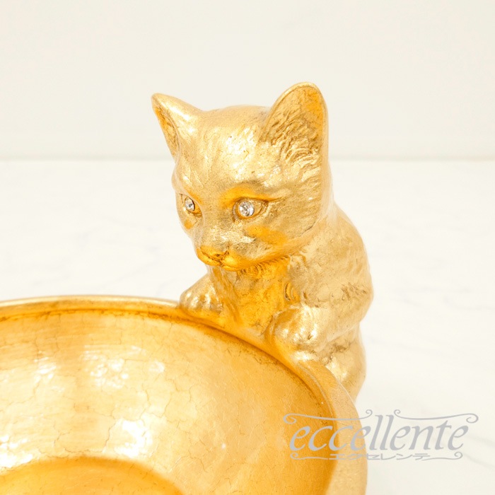 VO-71189BOA イタリア製 陶製置物 猫とボウル Gold | イタリア