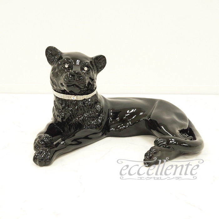 VO-71194CNL イタリア製 陶製置物 黒ヒョウ lying with collar